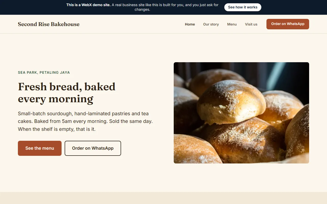 Homepage of Second Rise Bakehouse, an example bakery website set in Petaling Jaya