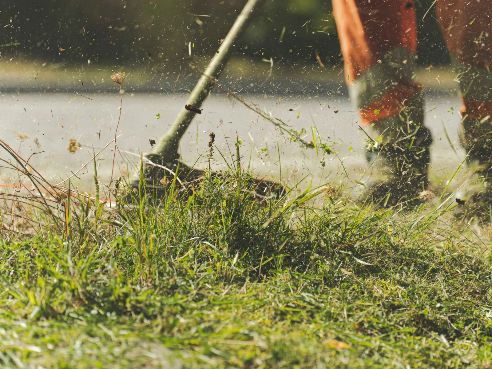 String trimmer cutting long grass with clippings flying, worker in orange trousers behind