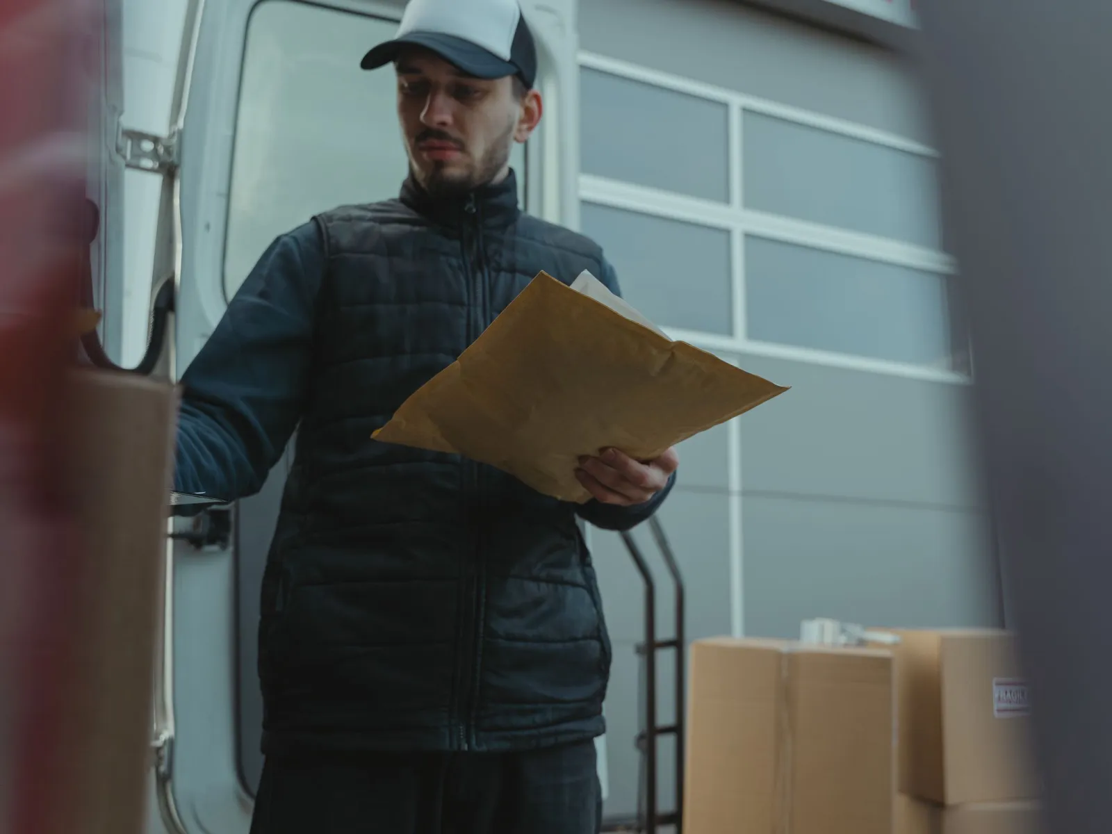 Courier in a cap checking a padded envelope beside an open delivery van