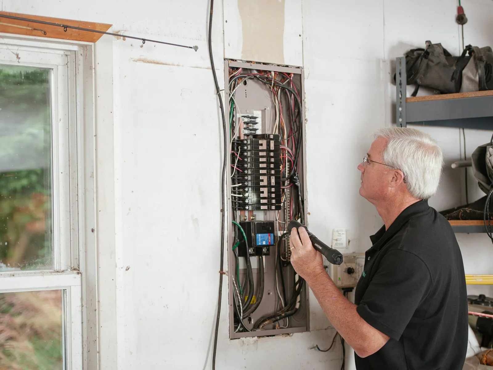 Electrician shining a flashlight over an open residential breaker panel in a garage