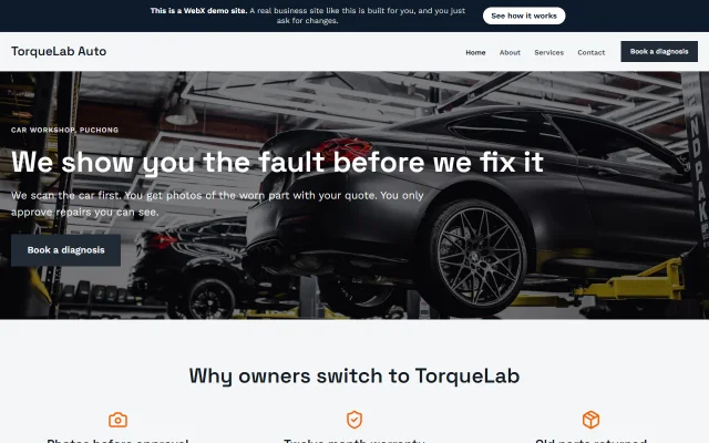 Homepage of TorqueLab Auto, a sample Car workshop website