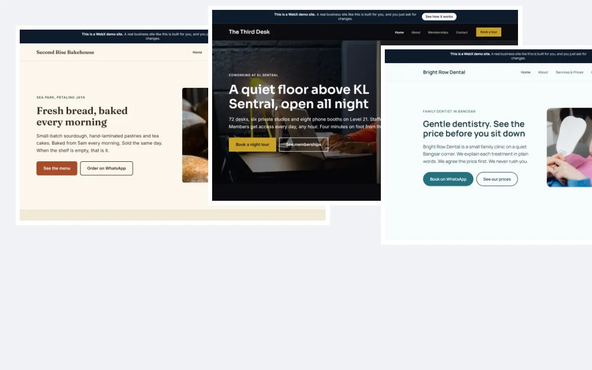 Homepages of several example websites built by WebX, shown in a browser window