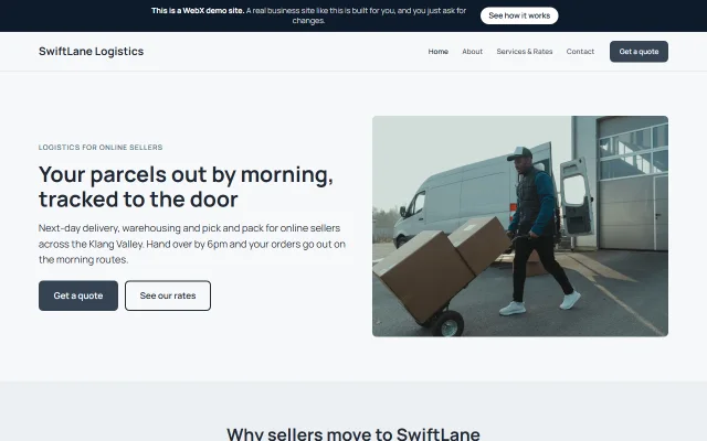 Homepage of SwiftLane Logistics, a sample Logistics & courier website