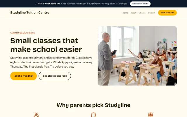Homepage of Studyline Tuition Centre, a sample Tuition centre website